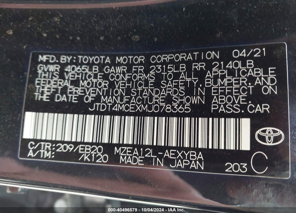 2021 TOYOTA COROLLA XSE VIN: JTDT4MCEXMJ078365