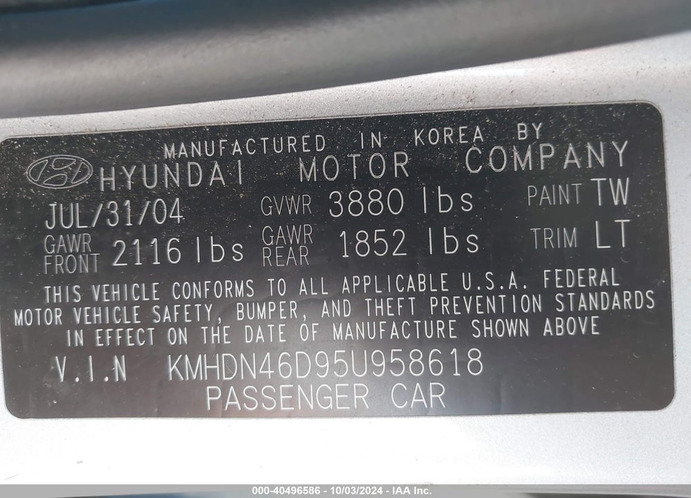 2005 HYUNDAI ELANTRA GLS/GT VIN: KMHDN46D95U958618