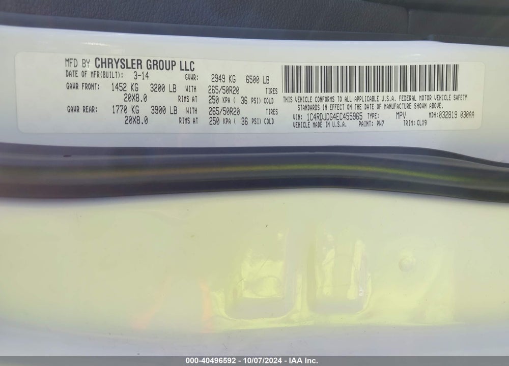2014 DODGE DURANGO LIMITED VIN: 1C4RDJDG4EC455965