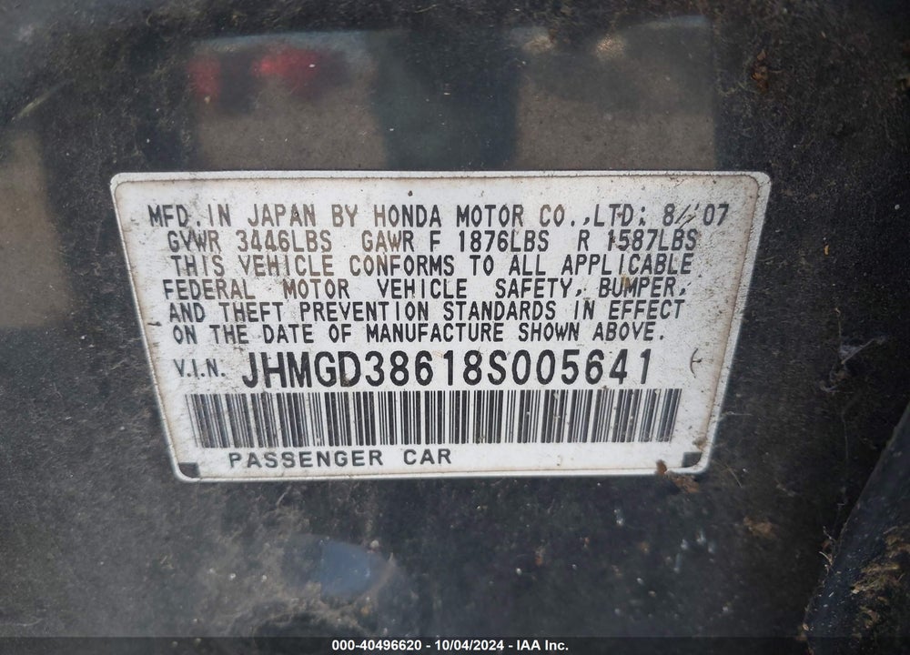2008 HONDA FIT SPORT VIN: JHMGD38618S005641