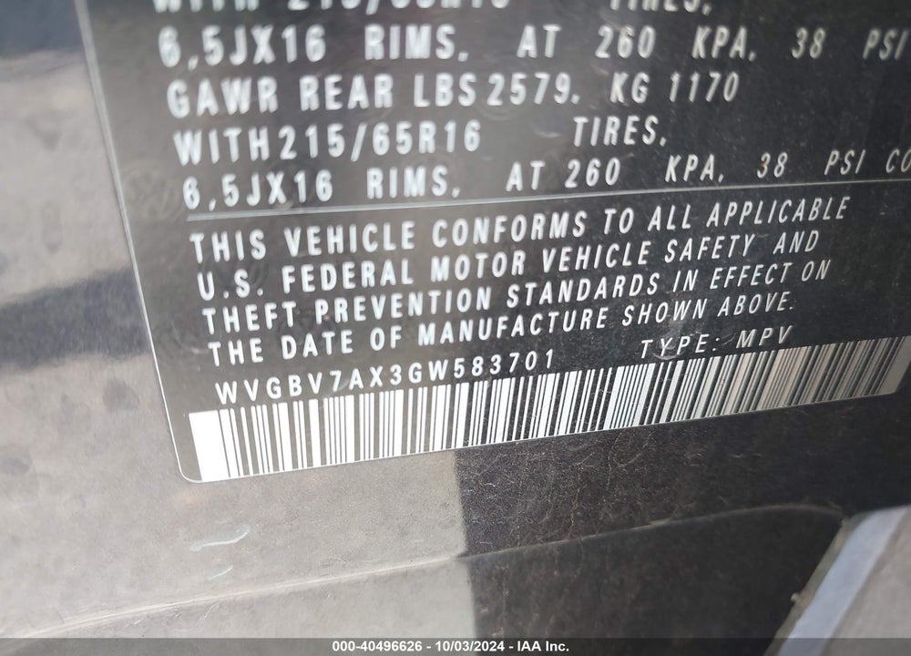 2016 VOLKSWAGEN TIGUAN S VIN: WVGBV7AX3GW583701