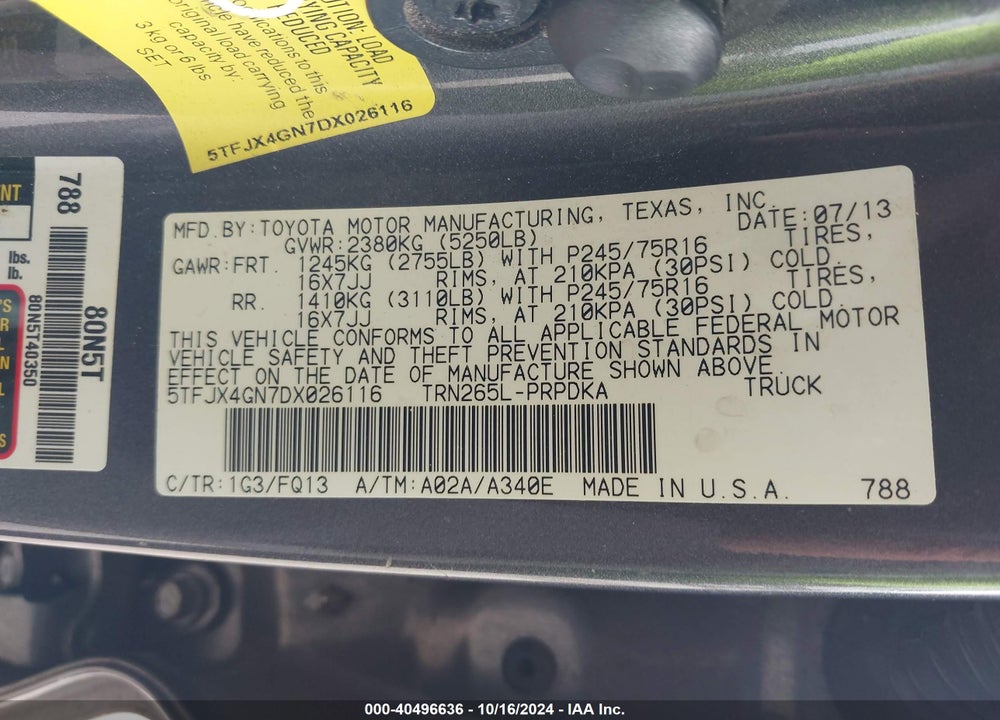 2013 TOYOTA TACOMA PRERUNNER VIN: 5TFJX4GN7DX026116