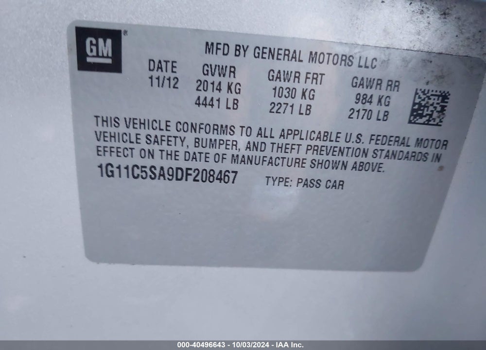 2013 CHEVROLET MALIBU 1LT VIN: 1G11C5SA9DF208467