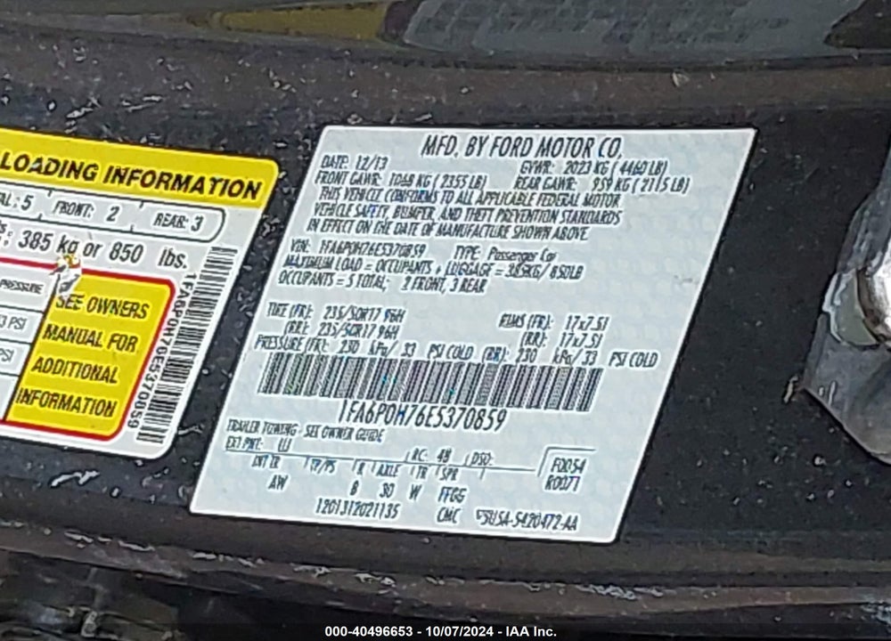 2014 FORD FUSION SE VIN: 1FA6P0H76E5370859