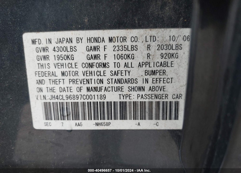 2007 ACURA TSX VIN: JH4CL96897C001189