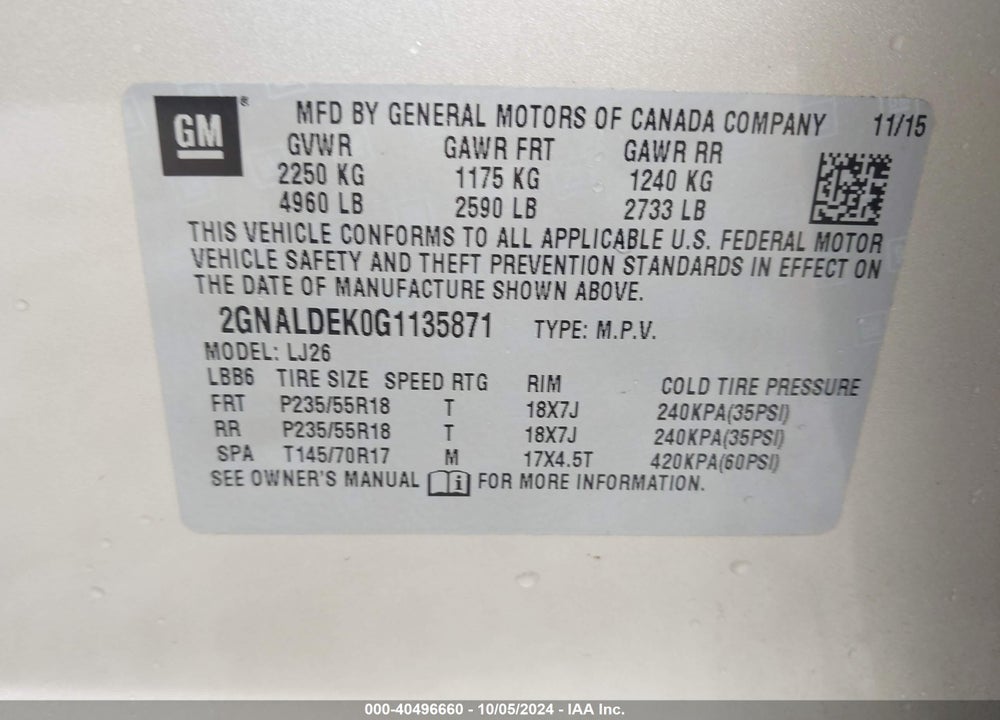 2016 CHEVROLET EQUINOX LTZ VIN: 2GNALDEK0G1135871