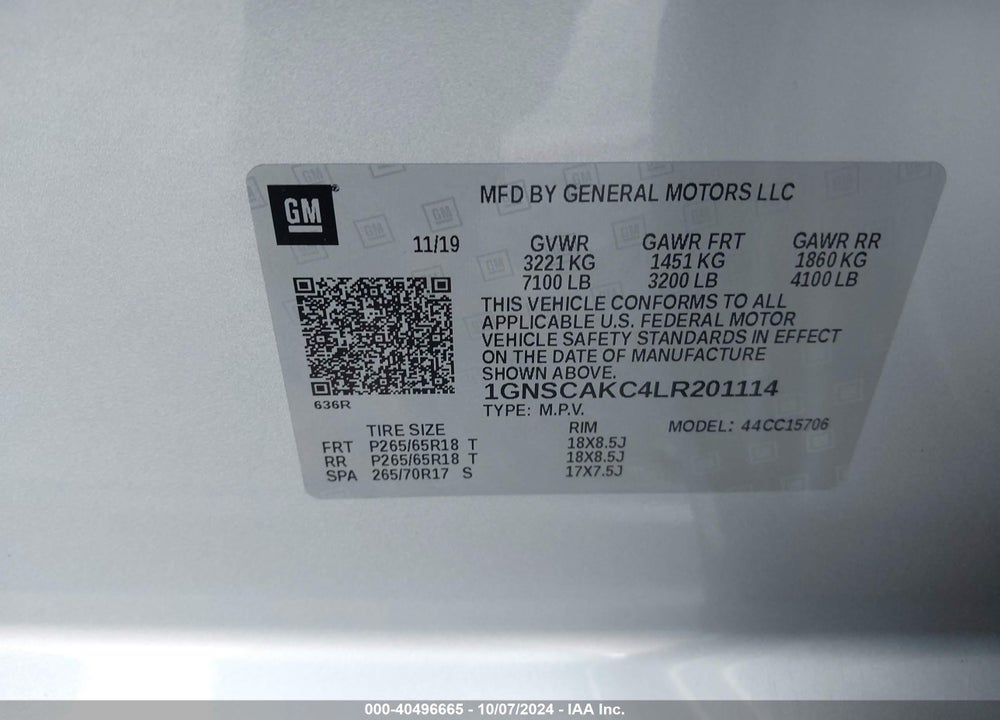 2020 CHEVROLET TAHOE 2WD LS VIN: 1GNSCAKC4LR201114