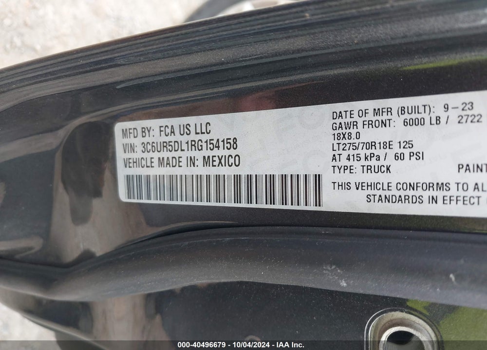 2024 RAM 2500 BIG HORN 4X4 6'4 BOX VIN: 3C6UR5DL1RG154158