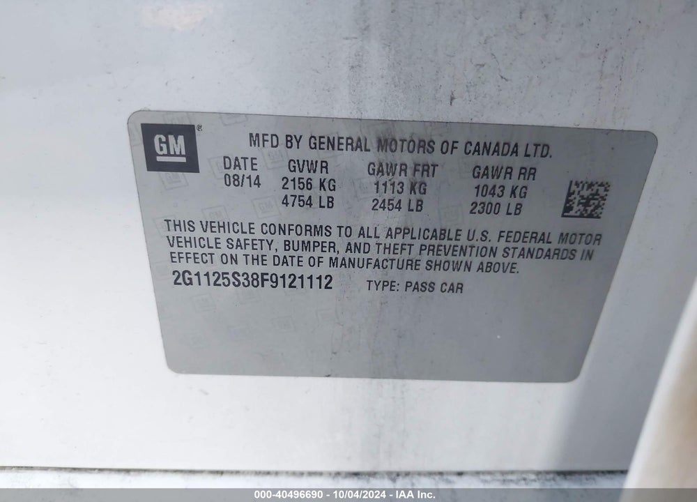 2015 CHEVROLET IMPALA 2LT VIN: 2G1125S38F9121112