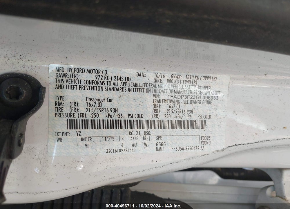 2016 FORD FOCUS SE VIN: 1FADP3F23GL396933