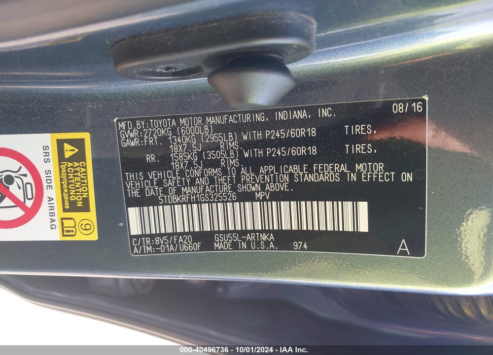 2016 TOYOTA HIGHLANDER LE PLUS V6 VIN: 5TDBKRFH1GS325526