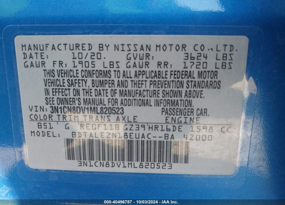 2021 NISSAN VERSA S XTRONIC CVT VIN: 3N1CN8DV1ML820523