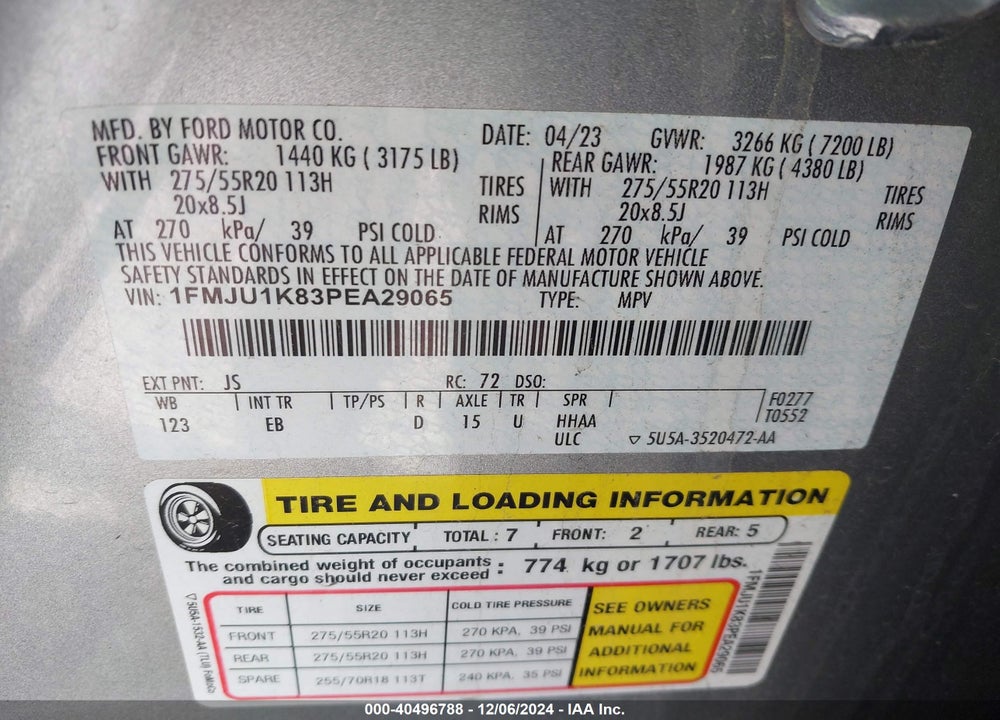 2023 FORD EXPEDITION LIMITED VIN: 1FMJU1K83PEA29065