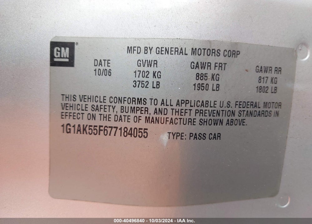 2007 CHEVROLET COBALT LS VIN: 1G1AK55F677184055