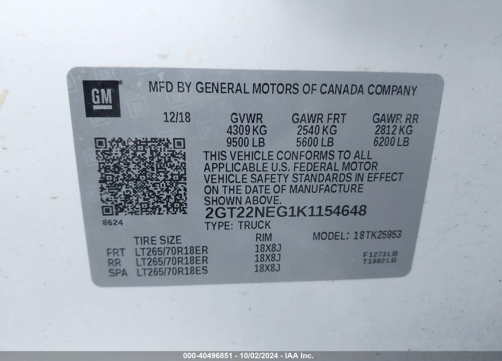 2019 GMC SIERRA 2500HD VIN: 2GT22NEG1K1154648