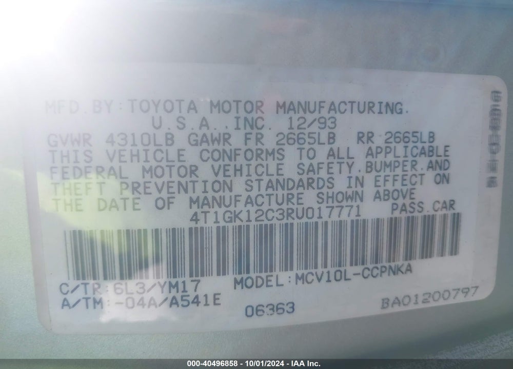 1994 TOYOTA CAMRY LE VIN: 4T1GK12C3RU017771