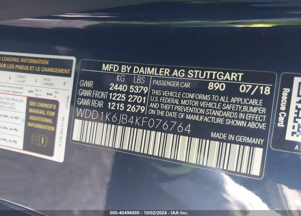 2019 MERCEDES-BENZ E 450 4MATIC VIN: WDD1K6JB4KF076764
