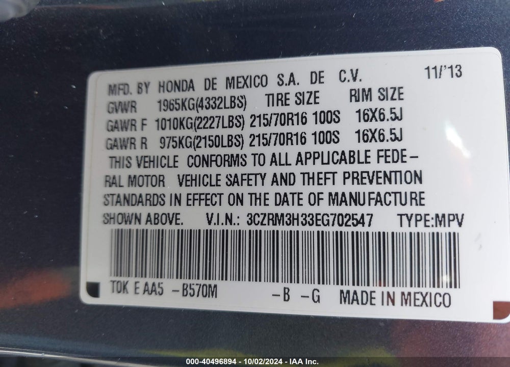2014 HONDA CR-V LX VIN: 3CZRM3H33EG702547