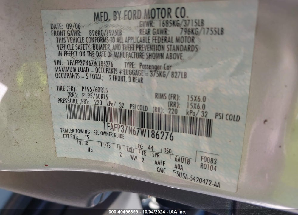 2007 FORD FOCUS S/SE/SES VIN: 1FAFP37N67W186276