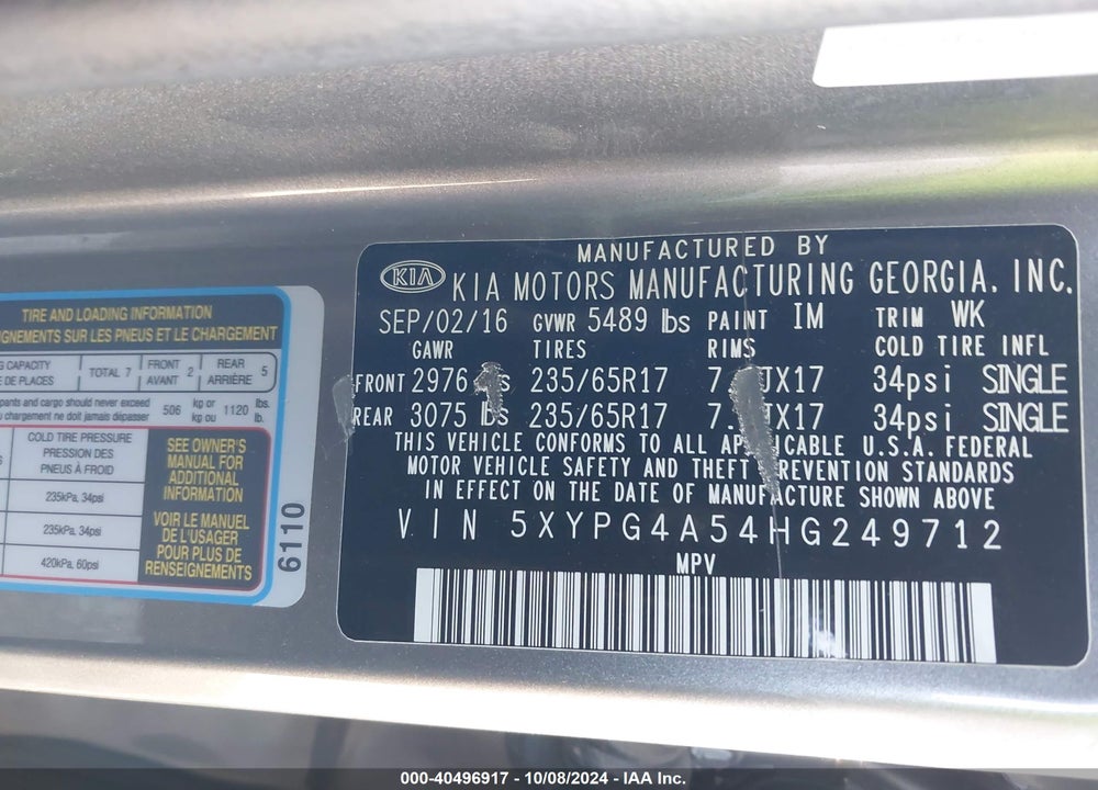 2017 KIA SORENTO 3.3L LX VIN: 5XYPG4A54HG249712