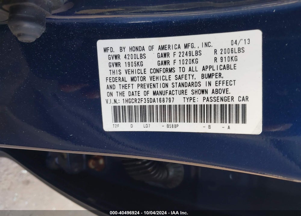 2013 HONDA ACCORD LX VIN: 1HGCR2F35DA168797
