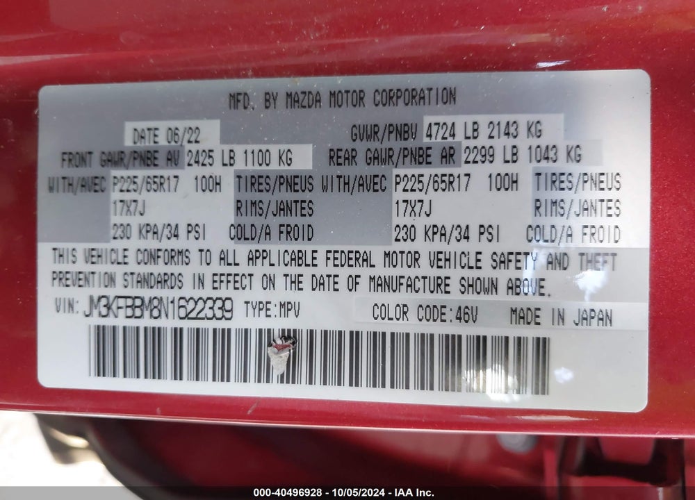 2022 MAZDA CX-5 2.5 S SELECT VIN: JM3KFBBM8N1622339