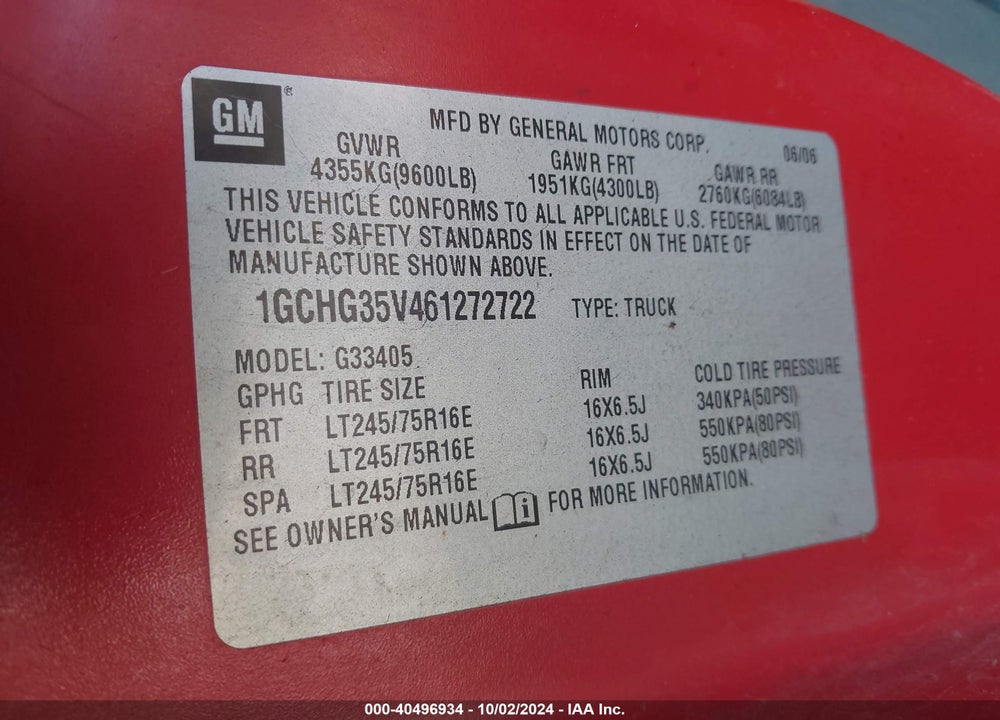2006 CHEVROLET EXPRESS WORK VAN VIN: 1GCHG35V461272722