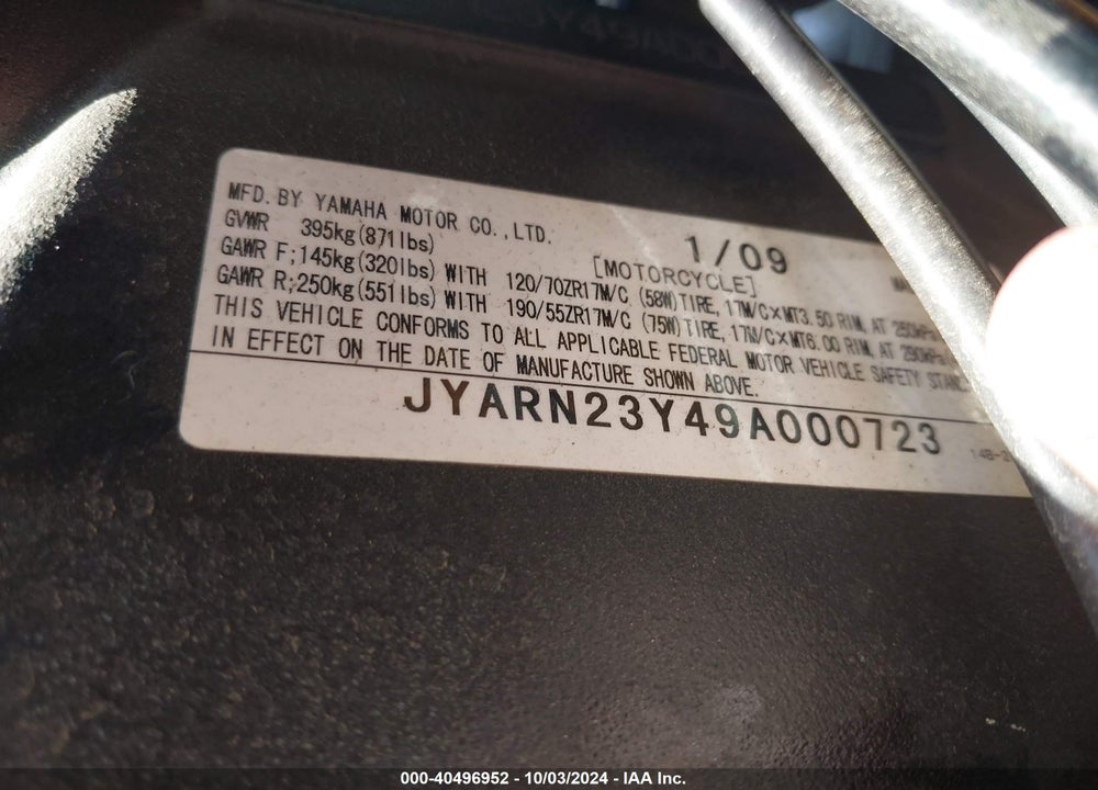 2009 YAMAHA YZFR1 VIN: JYARN23Y49A000723