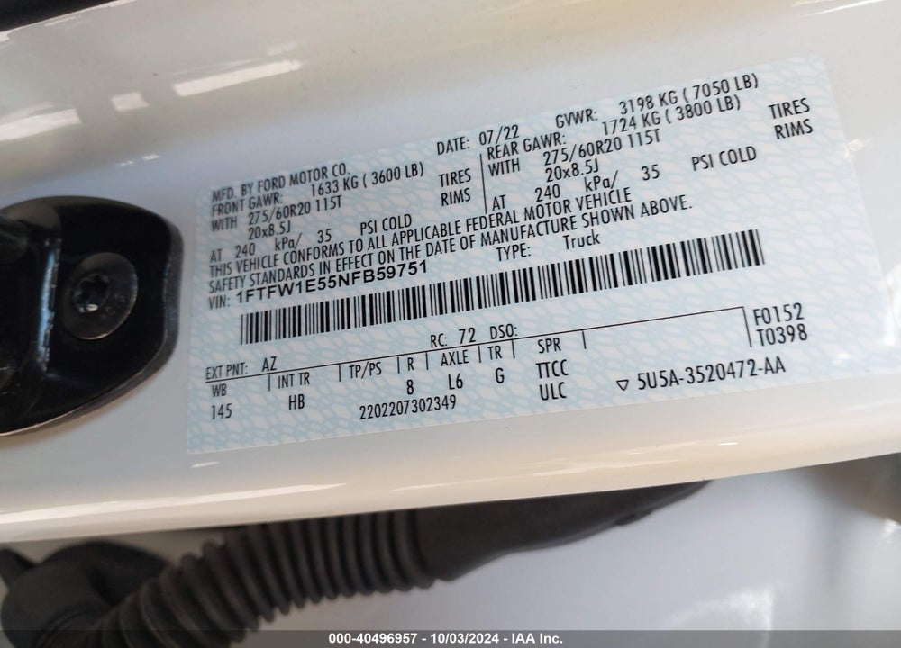 2022 FORD F-150 LARIAT VIN: 1FTFW1E55NFB59751