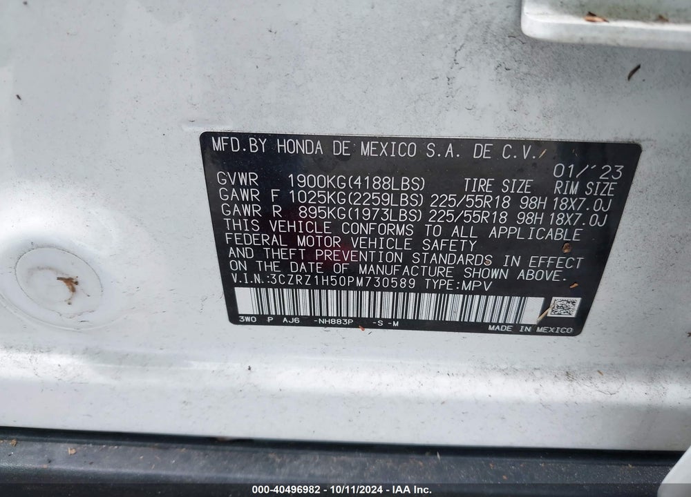 2023 HONDA HR-V 2WD SPORT VIN: 3CZRZ1H50PM730589