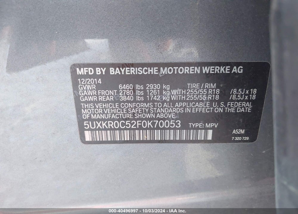 2015 BMW X5 XDRIVE35I VIN: 5UXKR0C52F0K70053