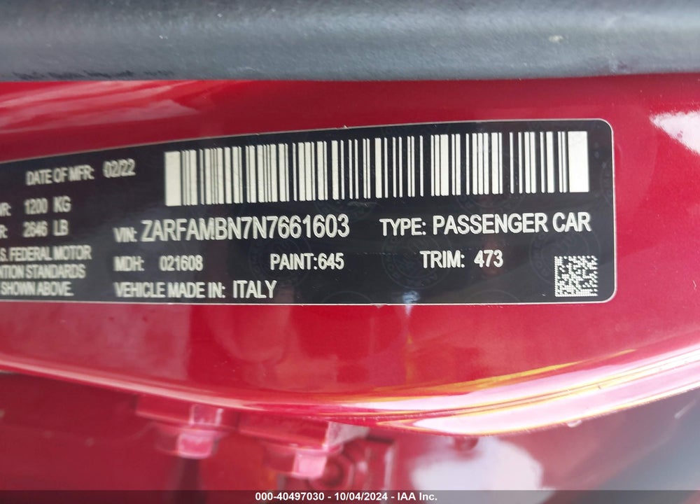 2022 ALFA ROMEO GIULIA VELOCE TI RWD VIN: ZARFAMBN7N7661603