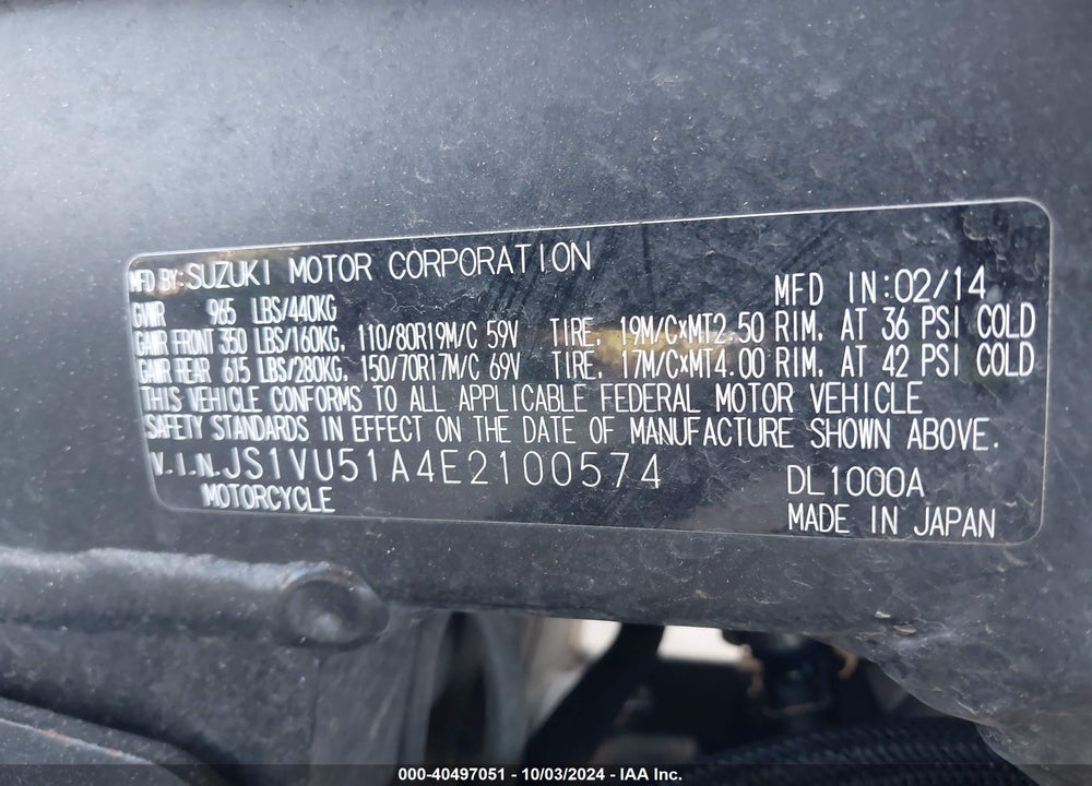 2014 SUZUKI DL1000 VIN: JS1VU51A4E2100574