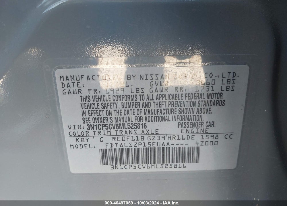 2021 NISSAN KICKS SV XTRONIC CVT VIN: 3N1CP5CV6ML525816