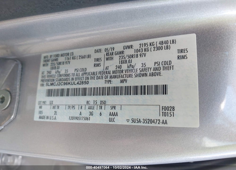 2019 LINCOLN MKC SELECT VIN: 5LMCJ2C96KUL42850