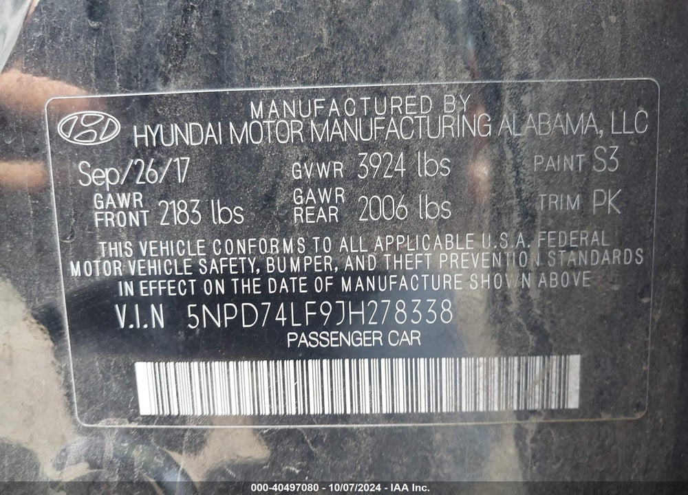 2018 HYUNDAI ELANTRA SE VIN: 5NPD74LF9JH278338