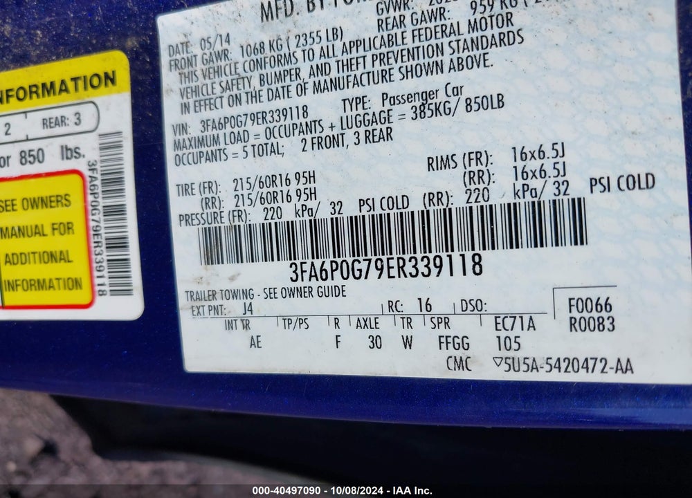2014 FORD FUSION S VIN: 3FA6P0G79ER339118