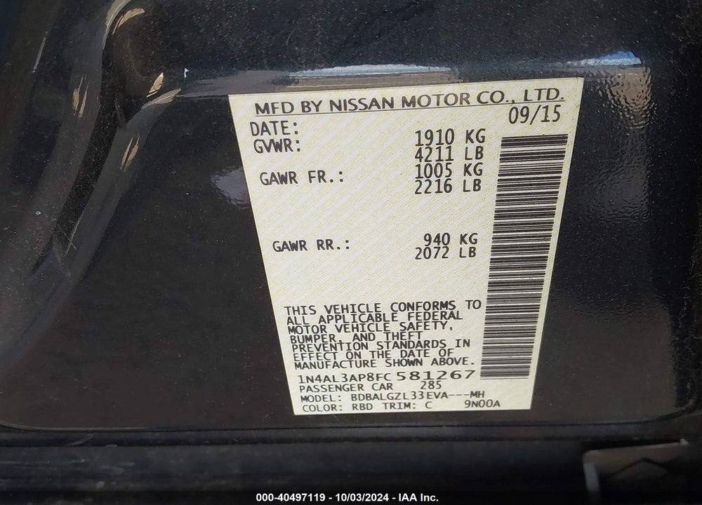 2015 NISSAN ALTIMA 2.5 S VIN: 1N4AL3AP8FC581267