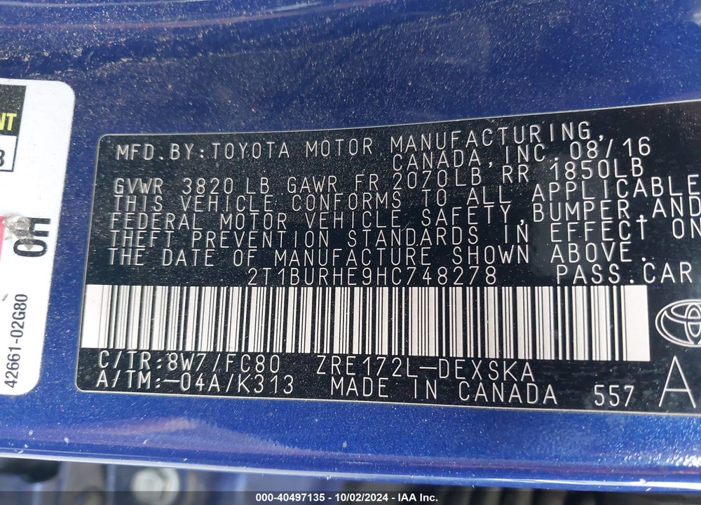 2017 TOYOTA COROLLA SE VIN: 2T1BURHE9HC748278
