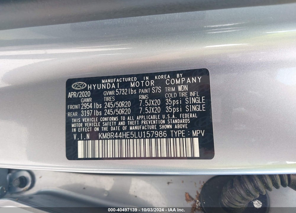 2020 HYUNDAI PALISADE SEL VIN: KM8R44HE5LU157986