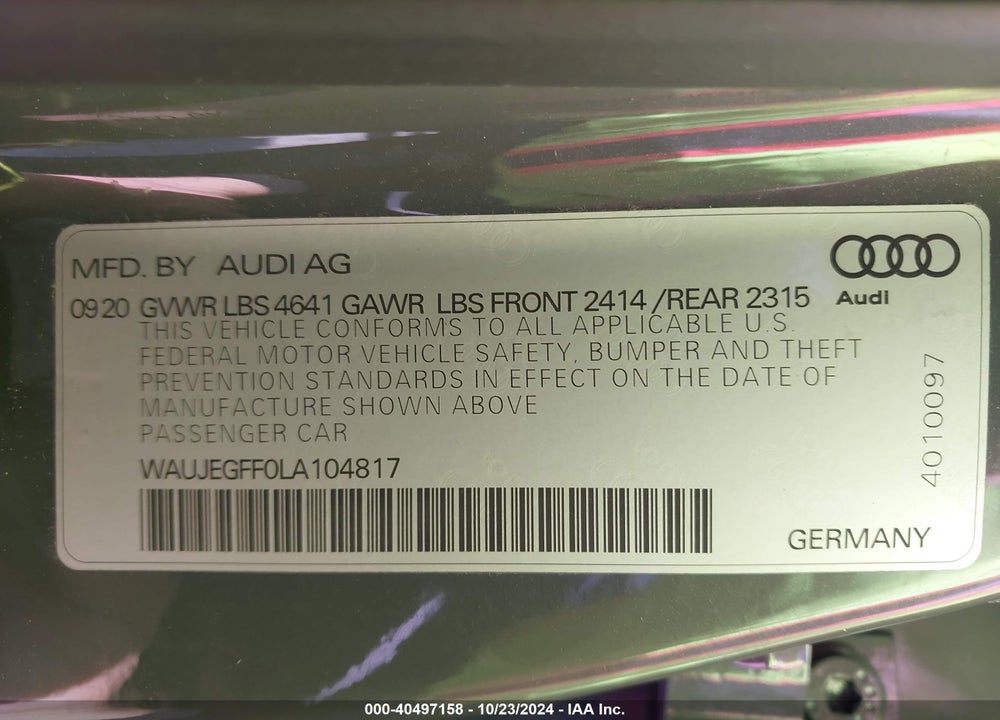2020 AUDI A3 PREMIUM PLUS 45 TFSI S LINE QUATTRO S TRONIC VIN: WAUJEGFF0LA104817