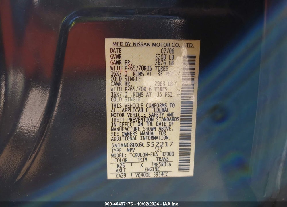 2006 NISSAN XTERRA X VIN: 5N1AN08UX6C552217