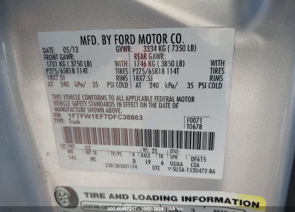 2013 FORD F-150 FX4/KING RANCH/LARIAT/PLATINUM/XL/XLT VIN: 1FTFW1EF7DFC38863