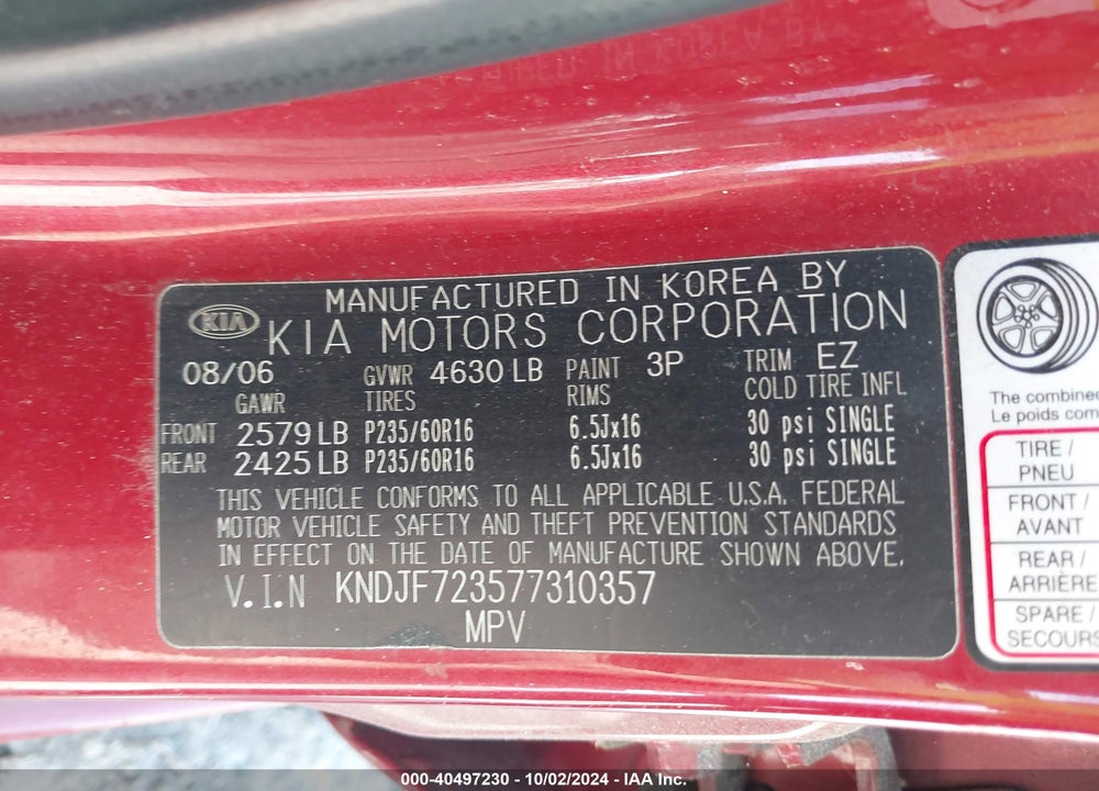 2007 KIA SPORTAGE LX V6 VIN: KNDJF723577310357
