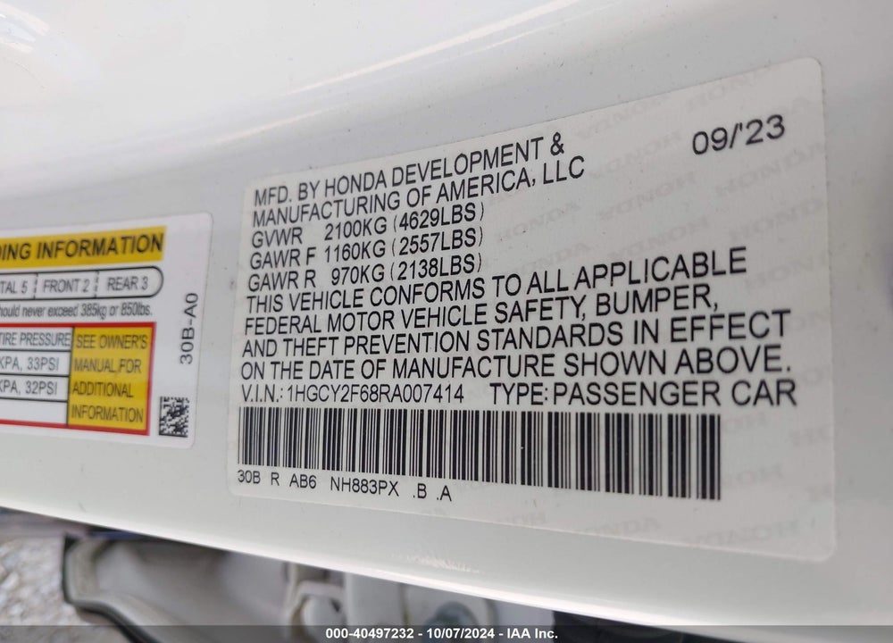 2024 HONDA ACCORD VIN: 1HGCY2F68RA007414