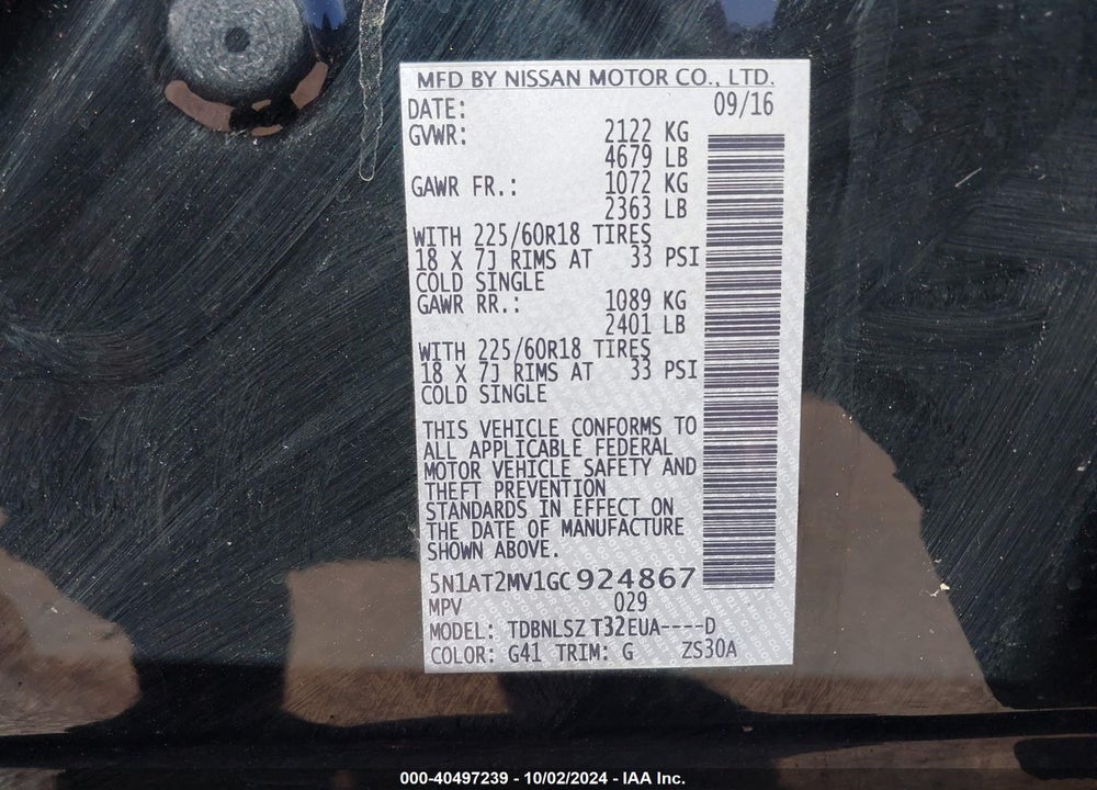 2016 NISSAN ROGUE SL VIN: 5N1AT2MV1GC924867