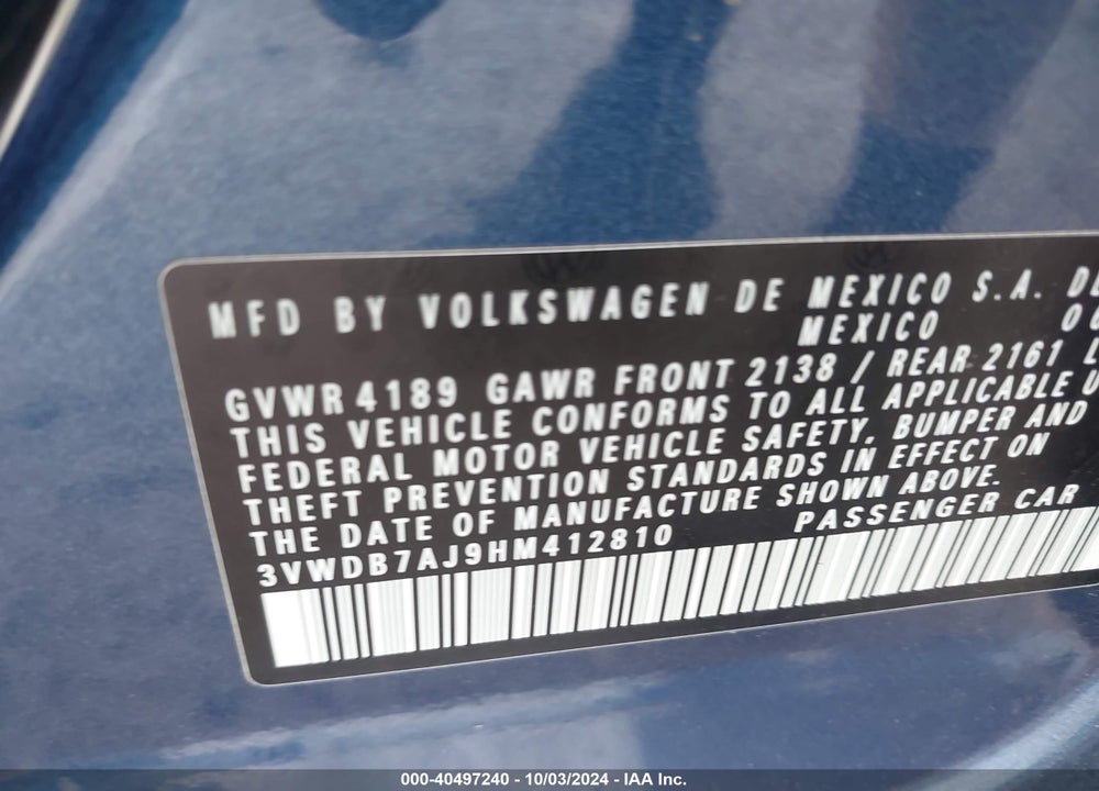 2017 VOLKSWAGEN JETTA 1.4T SE VIN: 3VWDB7AJ9HM412810