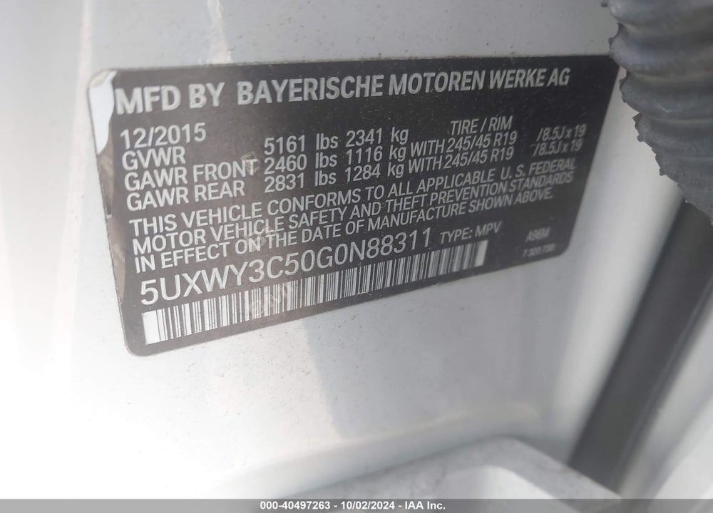 2016 BMW X3 XDRIVE28D VIN: 5UXWY3C50G0N88311