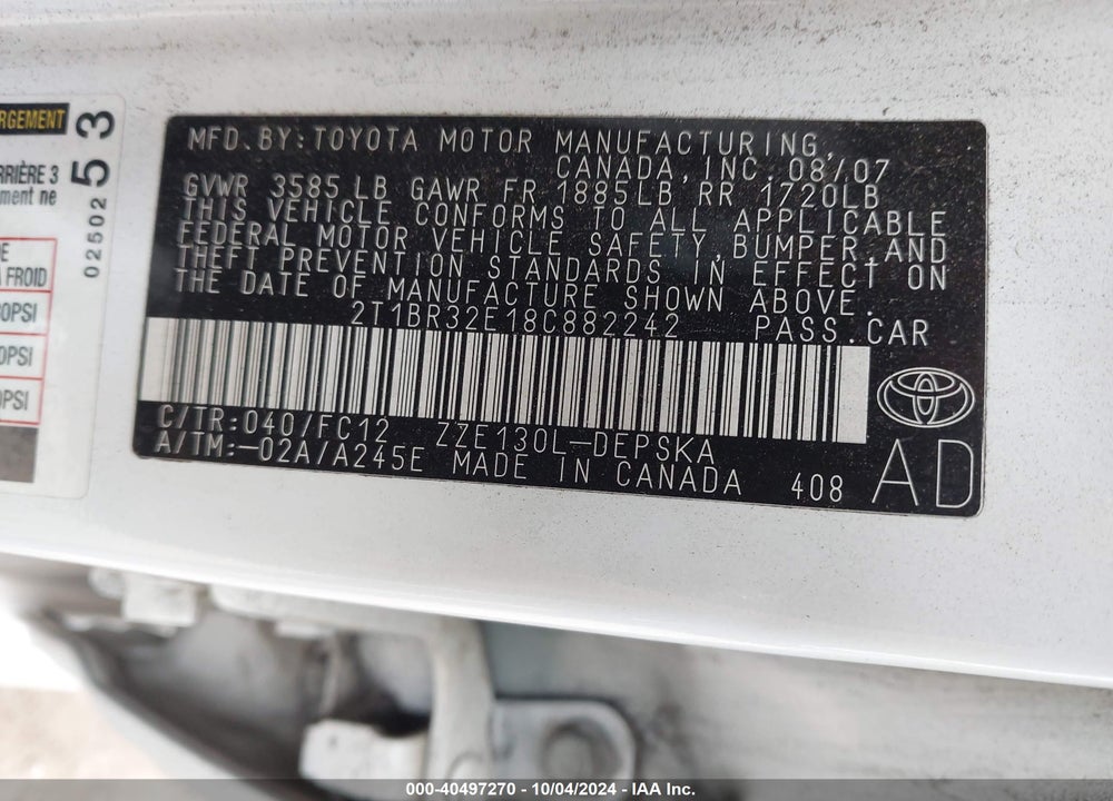 2008 TOYOTA COROLLA S VIN: 2T1BR32E18C882242