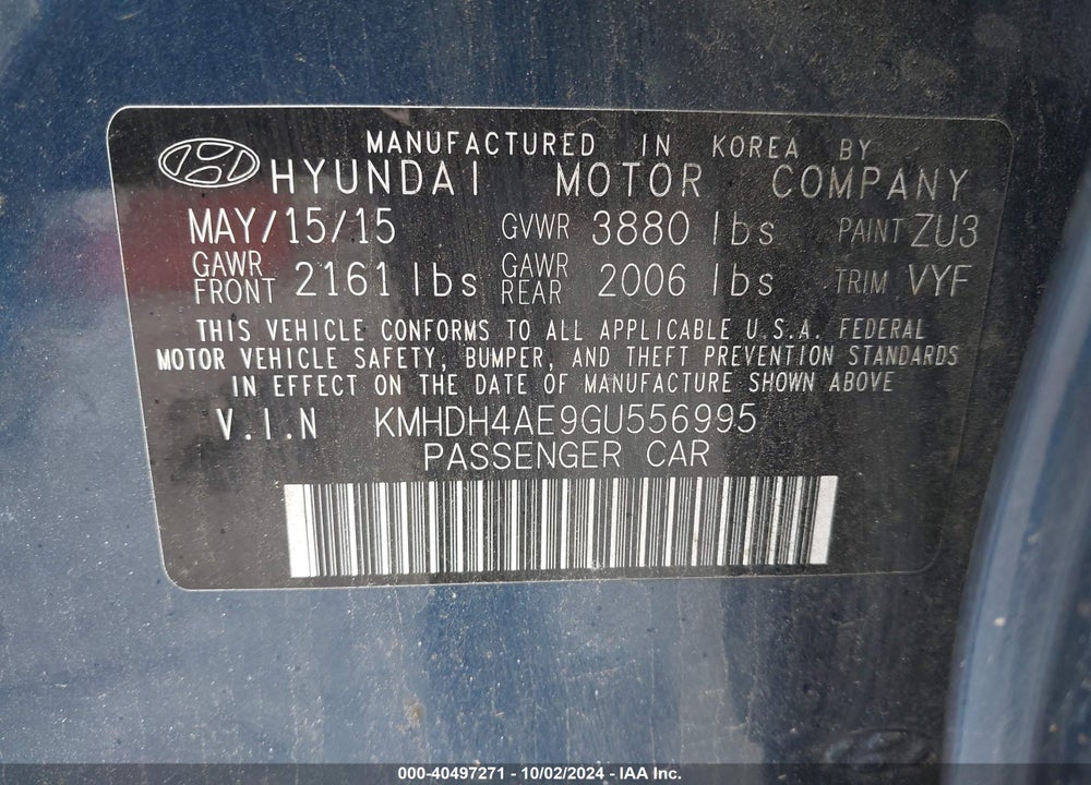 2016 HYUNDAI ELANTRA SE VIN: KMHDH4AE9GU556995
